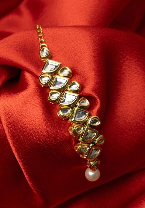 Gold Plated Kundan Studded And Pearls Beaded Maang Tikka