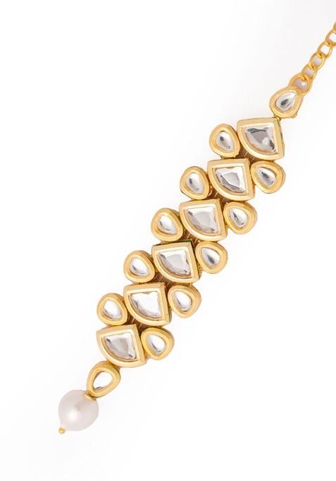 Gold Plated Kundan Studded And Pearls Beaded Maang Tikka