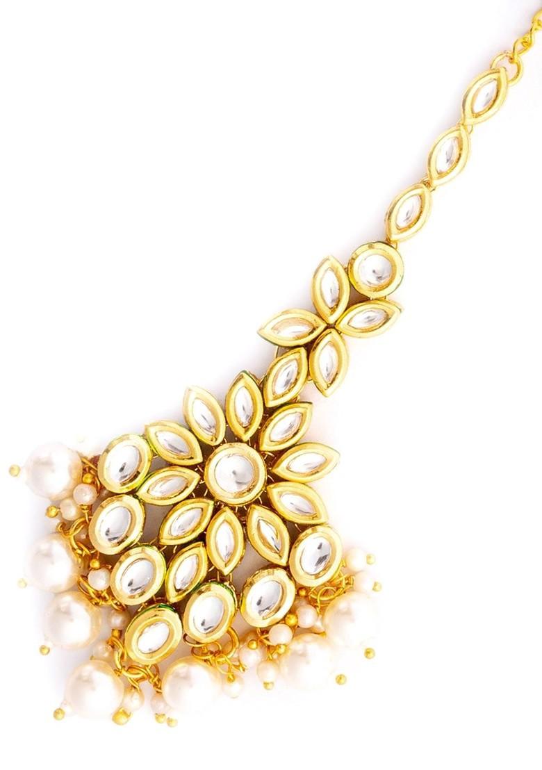 Gold Plated Kundan Studded And Pearls Beaded Maang Tikka