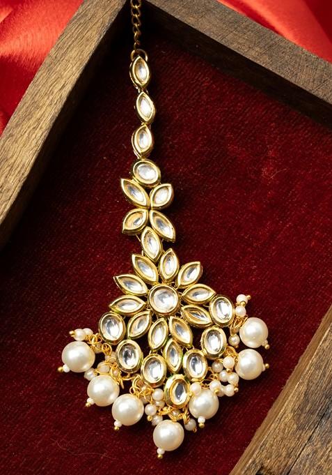 Gold Plated Kundan Studded And Pearls Beaded Maang Tikka