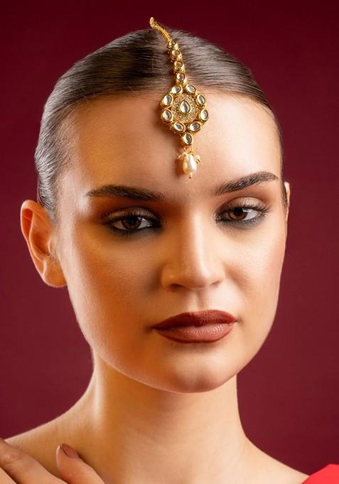 Gold Plated Kundan Studded And Pearls Beaded Maang Tikka