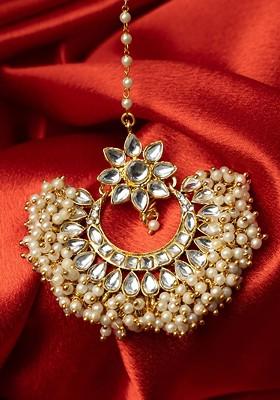 Gold Plated Kundan Studded And Pearls Beaded Maang Tikka