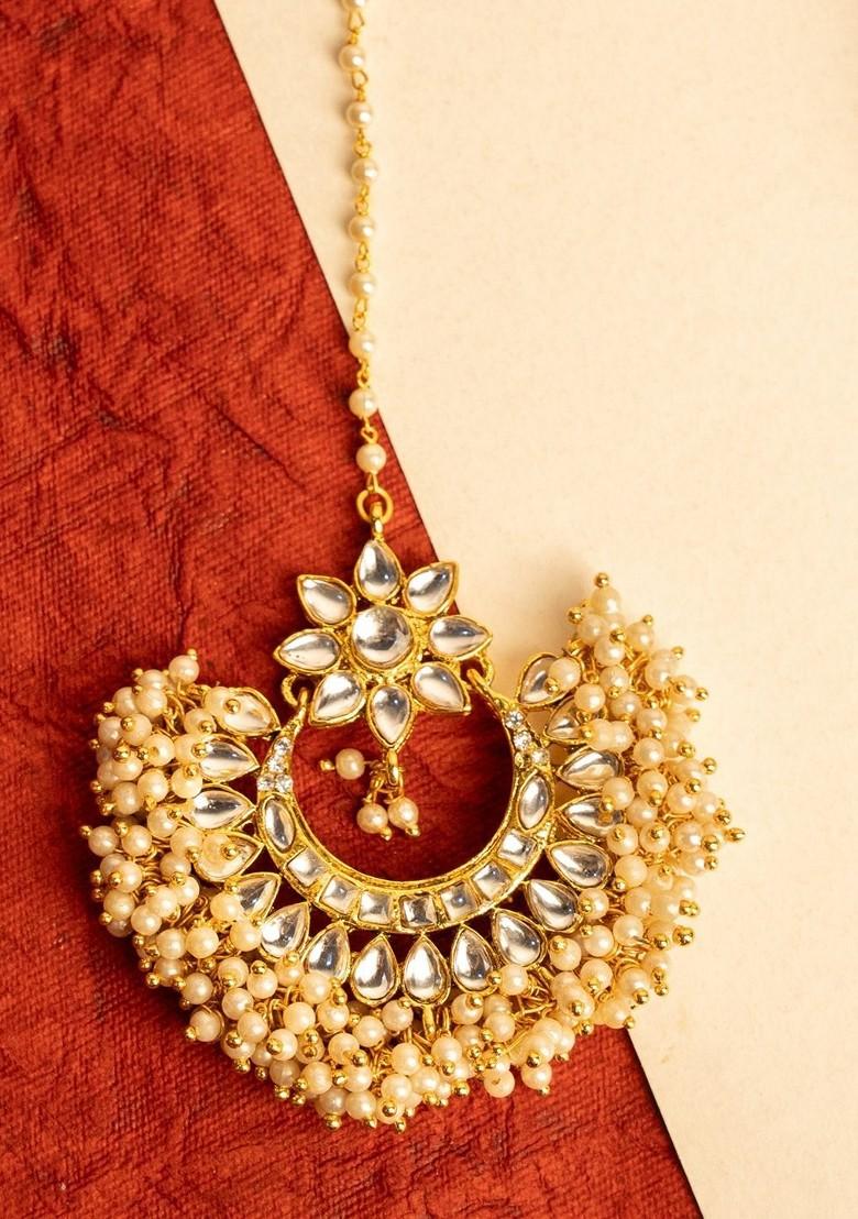 Gold Plated Kundan Studded And Pearls Beaded Maang Tikka