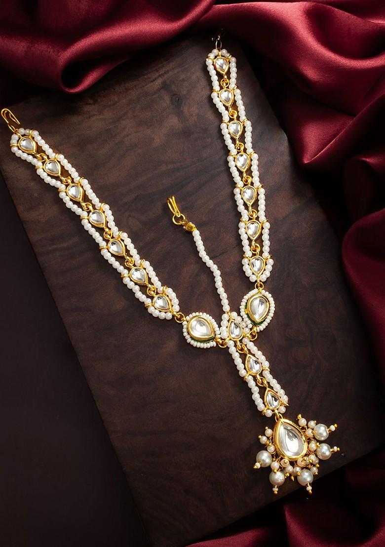 Gold Plated Kundan Stones Studded And Pearls Beaded Maang Tikka