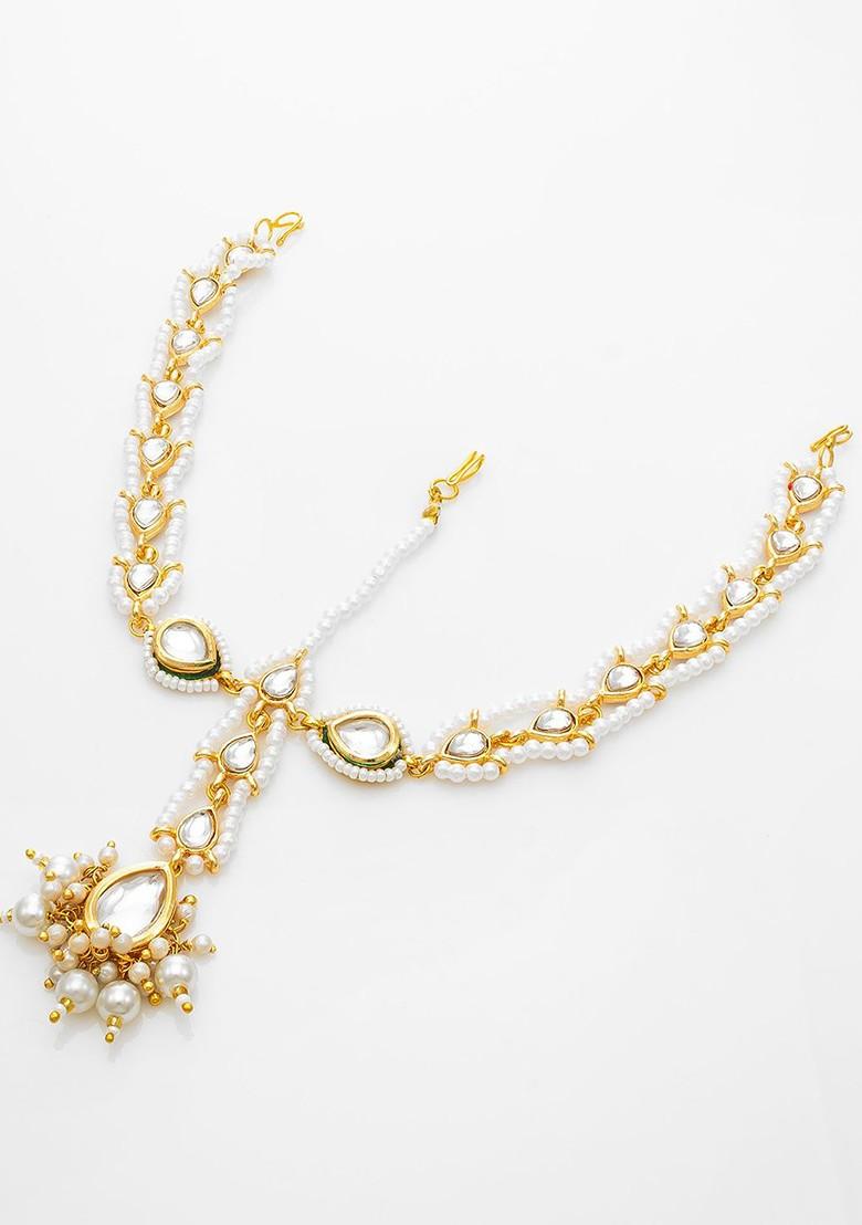 Gold Plated Kundan Stones Studded And Pearls Beaded Maang Tikka
