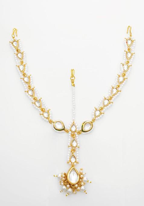 Gold Plated Kundan Stones Studded And Pearls Beaded Maang Tikka