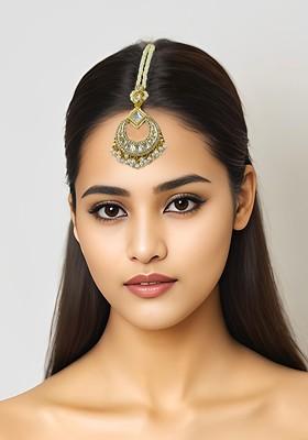 Gold Plated Stone Studded And Beaded Maang Tikka