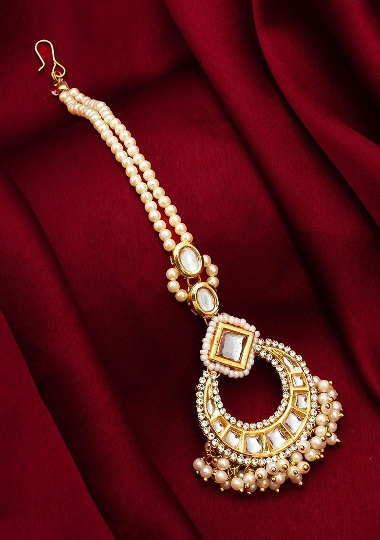 Gold Plated Stone Studded And Beaded Maang Tikka