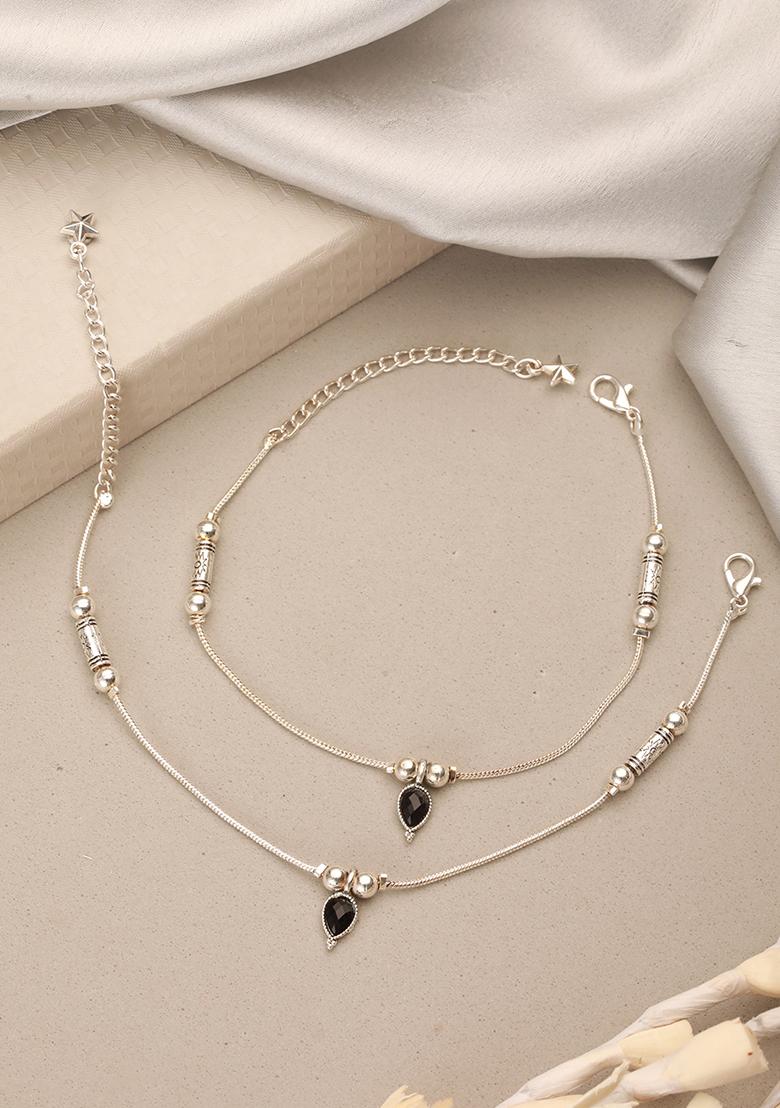 Silver Plated Artificial Stones And Beads Anklet