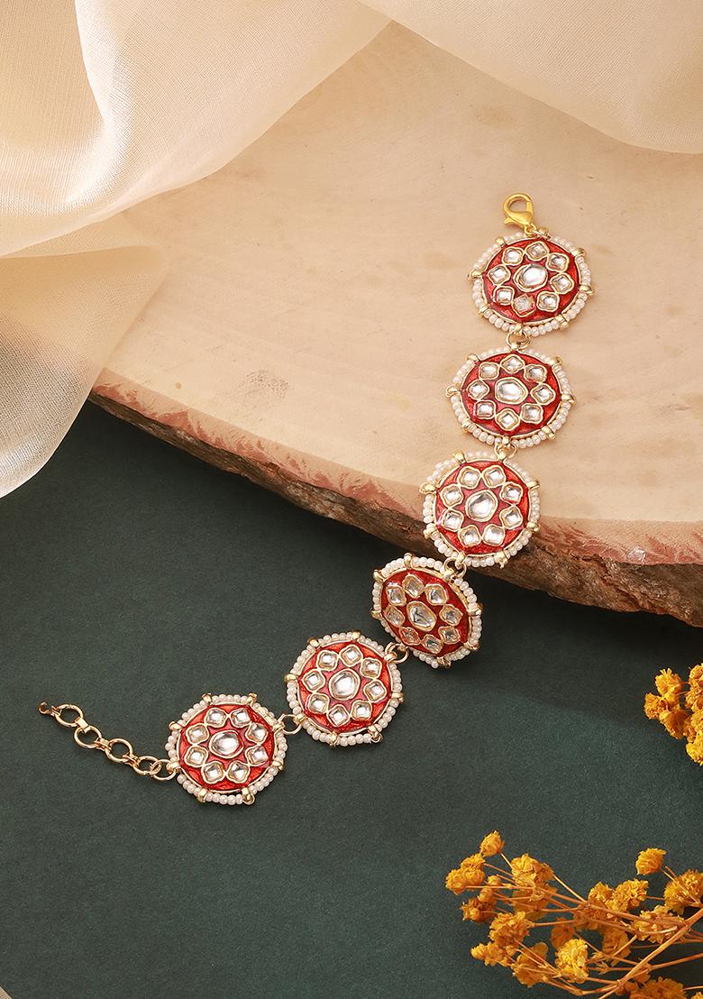 Gold Plated Kundan Studded And Maroon Meenakari Matha Patti