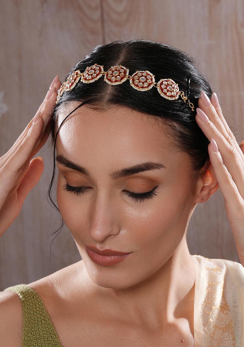 Gold Plated Kundan Studded And Maroon Meenakari Matha Patti