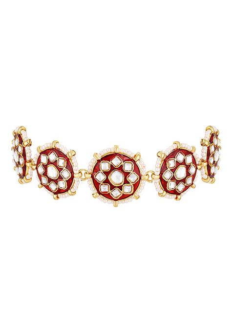 Gold Plated Kundan Studded And Maroon Meenakari Matha Patti