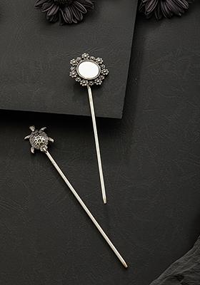 Set Of 2 Silver Plated Tortoise And Mirror Work Oxidised Hair Sticks