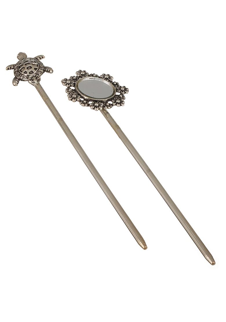 Set Of 2 Silver Plated Tortoise And Mirror Work Oxidised Hair Sticks