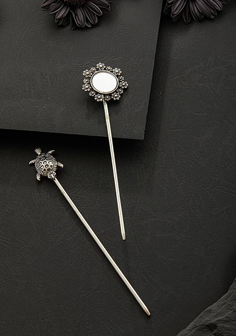 Set Of 2 Silver Plated Tortoise And Mirror Work Oxidised Hair Sticks