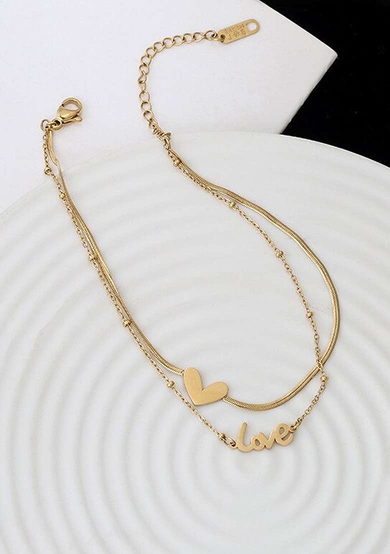 Gold Plated Heart And Love Stainless Steel Anklet - Indya