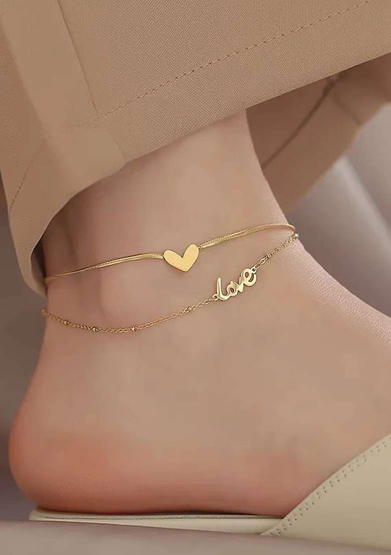 Gold Plated Heart And Love Stainless Steel Anklet - Indya