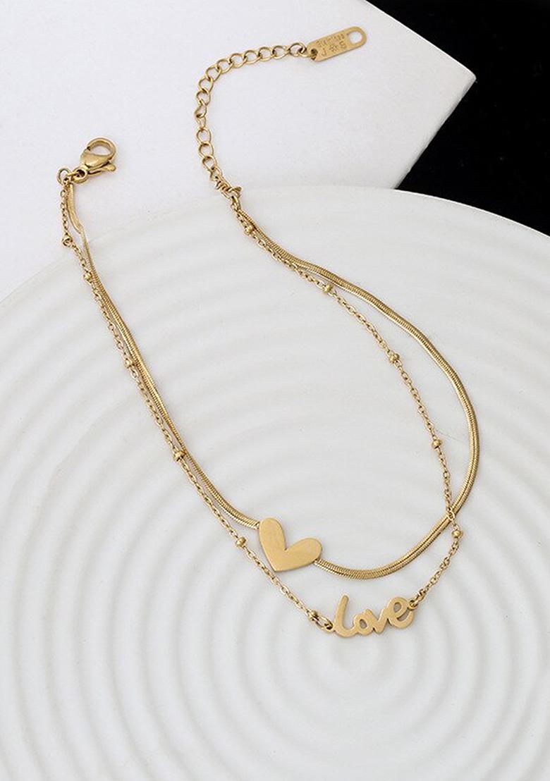 Gold Plated Heart And Love Stainless Steel Anklet