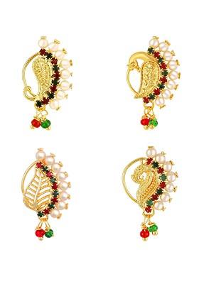 Set Of 4 Gold Plated Stone Studdedand Pearls Beaded Nosepins