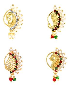 Set Of 4 Gold Plated Stone Studdedand Pearl Beaded Nosepins