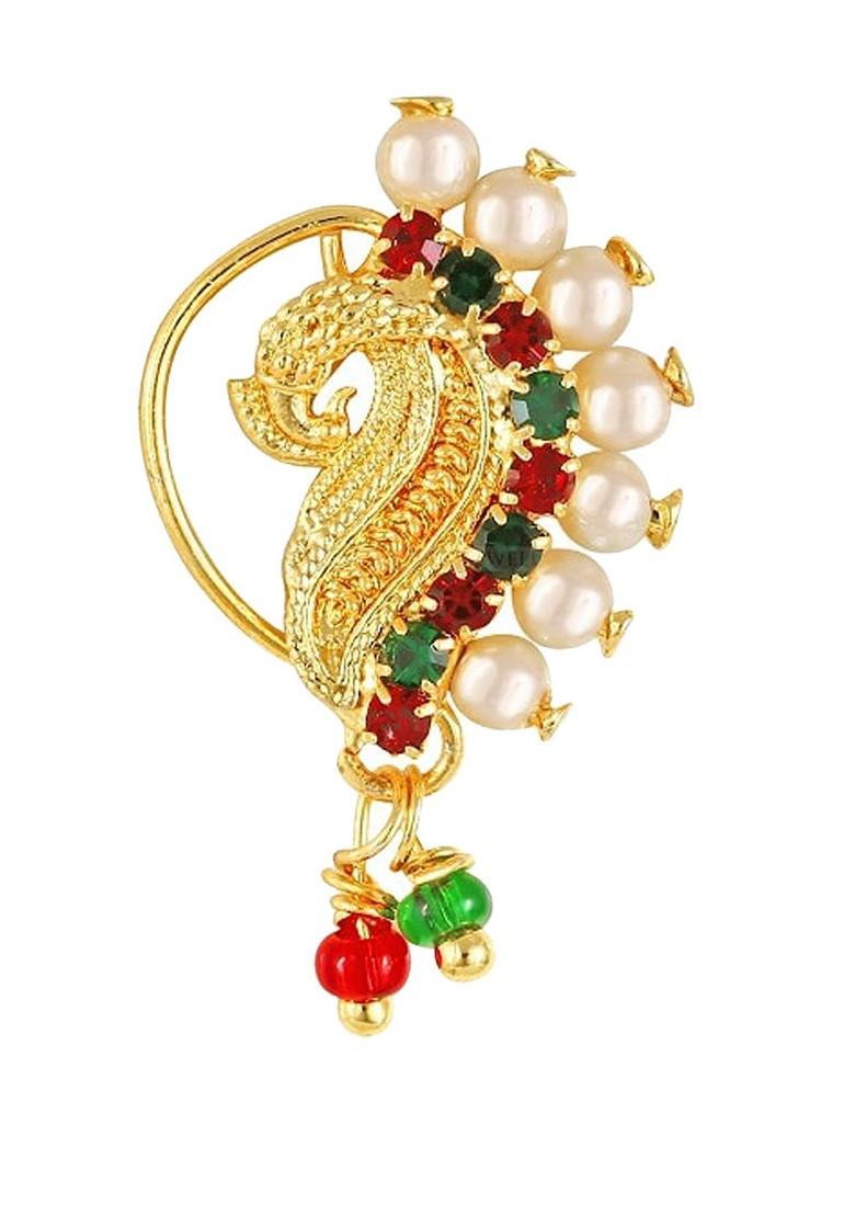 Set Of 4 Gold Plated Stone Studdedand Pearl Beaded Nosepins