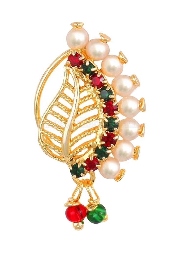Set Of 4 Gold Plated Stone Studdedand Pearl Beaded Nosepins