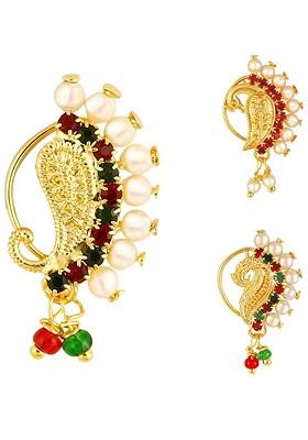 Set Of 3 Gold Plated Ad Stone Studdedand Beaded Nosepin