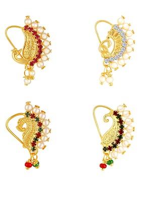 Set Of 4 Gold Plated Stone Studdedand Beaded Nosepins