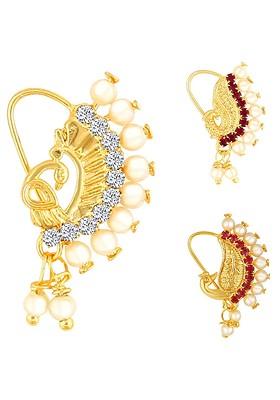 Set Of 3 Gold Plated Ad Studdedand Beaded Nosepins