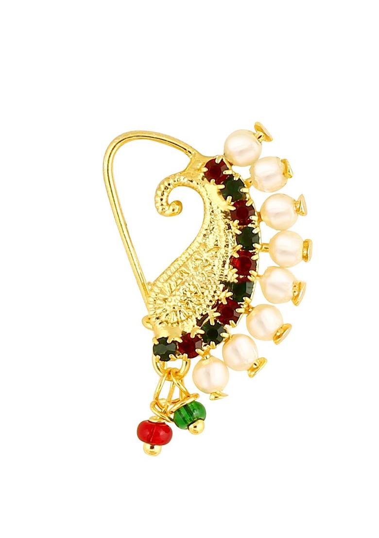 Set Of 3 Gold Plated Ad Stone Studdedand Pearl Beaded Nosepins