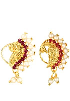 Set Of 2 Gold Plated Stone Studdedand Pearls Beaded Nosepins