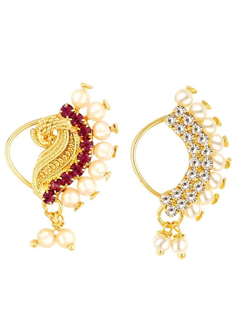 Set Of 2 Gold Plated Stone Studdedand Pearl Beaded Nosepins