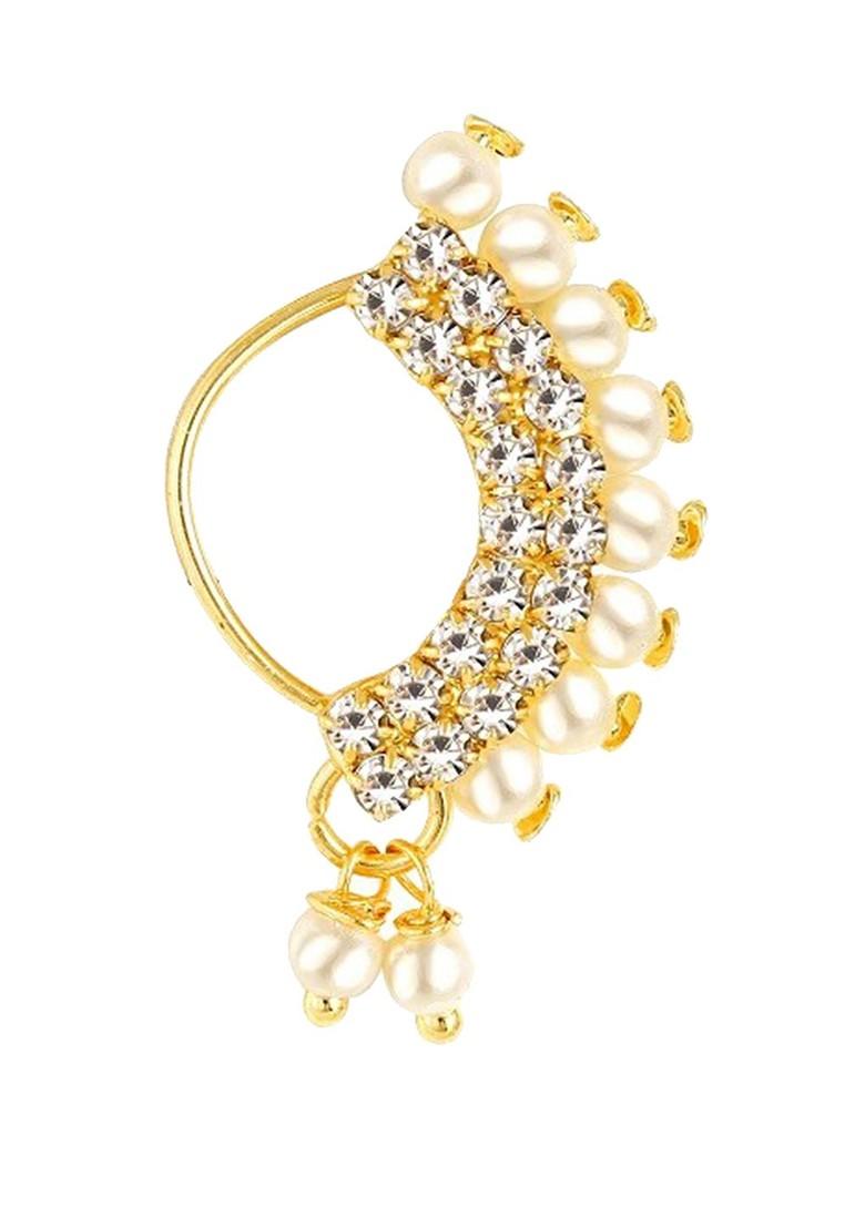 Set Of 2 Gold Plated Stone Studdedand Pearl Beaded Nosepins
