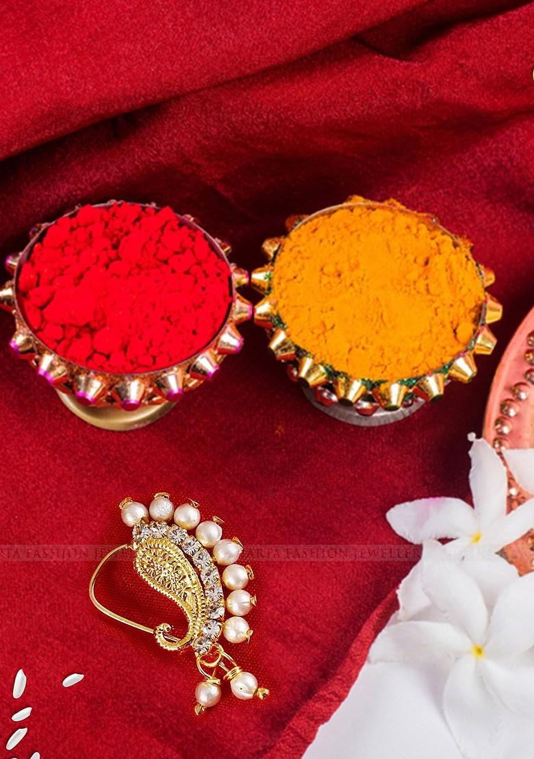 Gold Plated Artificial Stonesand Pearl Studded Nosepin