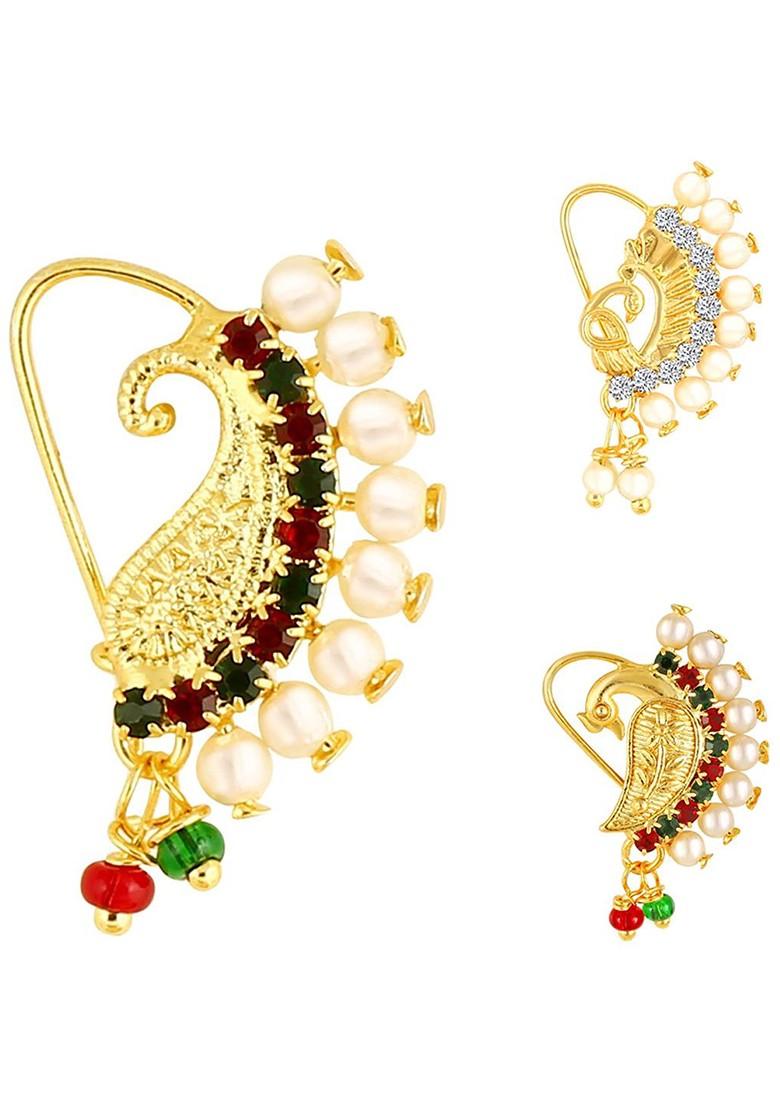 Set Of 3 Gold Plated Ad Studdedand Pearl Beaded Nath Nosepins