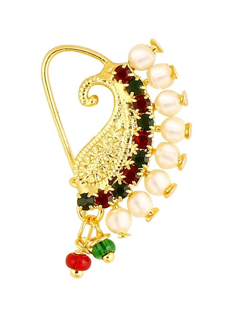 Set Of 3 Gold Plated Ad Studdedand Pearl Beaded Nath Nosepins