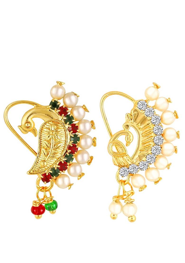 Set Of 2 Gold Plated Stone Studdedand Pearl Beaded Nosepins