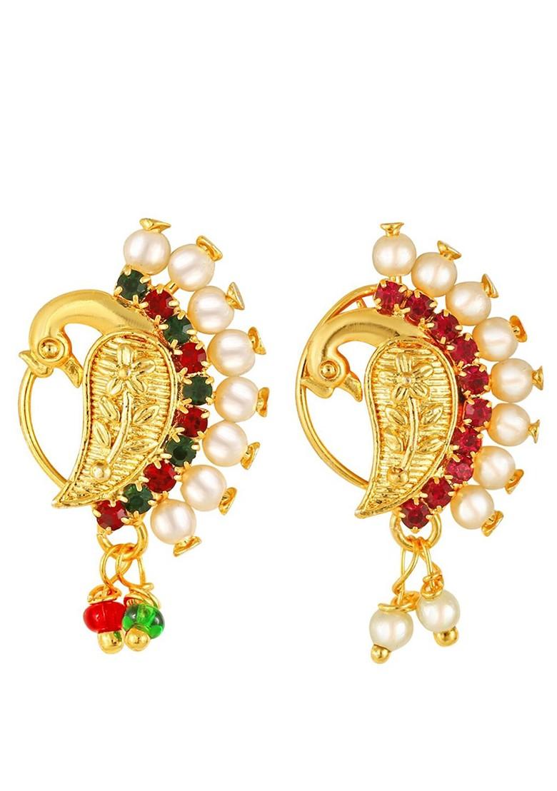 Set Of 2 Gold Plated Stone Studdedand Pearls Beaded Nosepins
