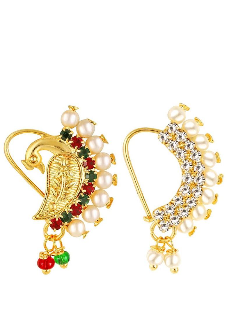 Set Of 2 Gold Plated Stone Studdedand Pearl Beaded Naths