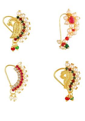 Set Of 4 Gold Plated Artificial Stones Studded Clip On Nosepin