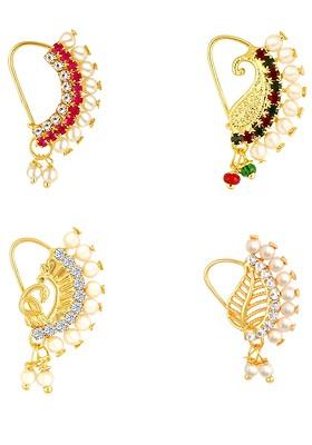 Set Of 4 Gold Plated American Diamond Stone Studdedand Beaded Nosepins