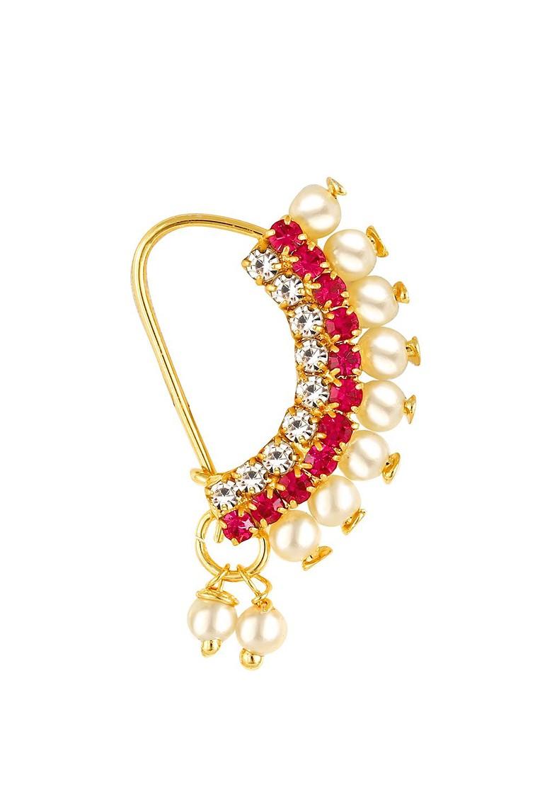 Set Of 4 Gold Plated American Diamond Stone Studdedand Beaded Nosepins