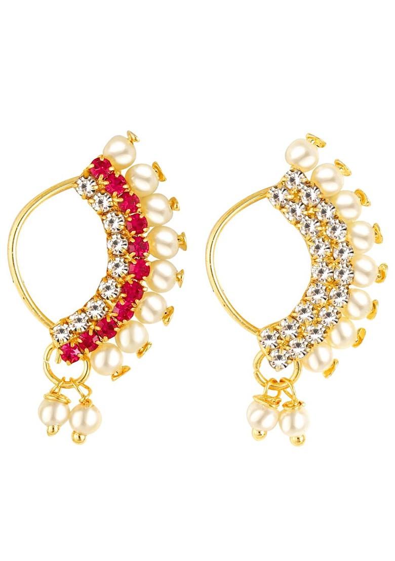 Set Of 2 Gold Plated Stone Studdedand Pearls Beaded Nosepins