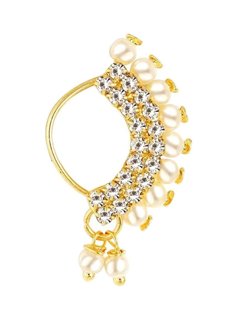 Set Of 2 Gold Plated Stone Studdedand Pearls Beaded Nosepins