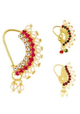 Set Of 3 Gold Plated Ad Studded Clip On Nath Nosepins