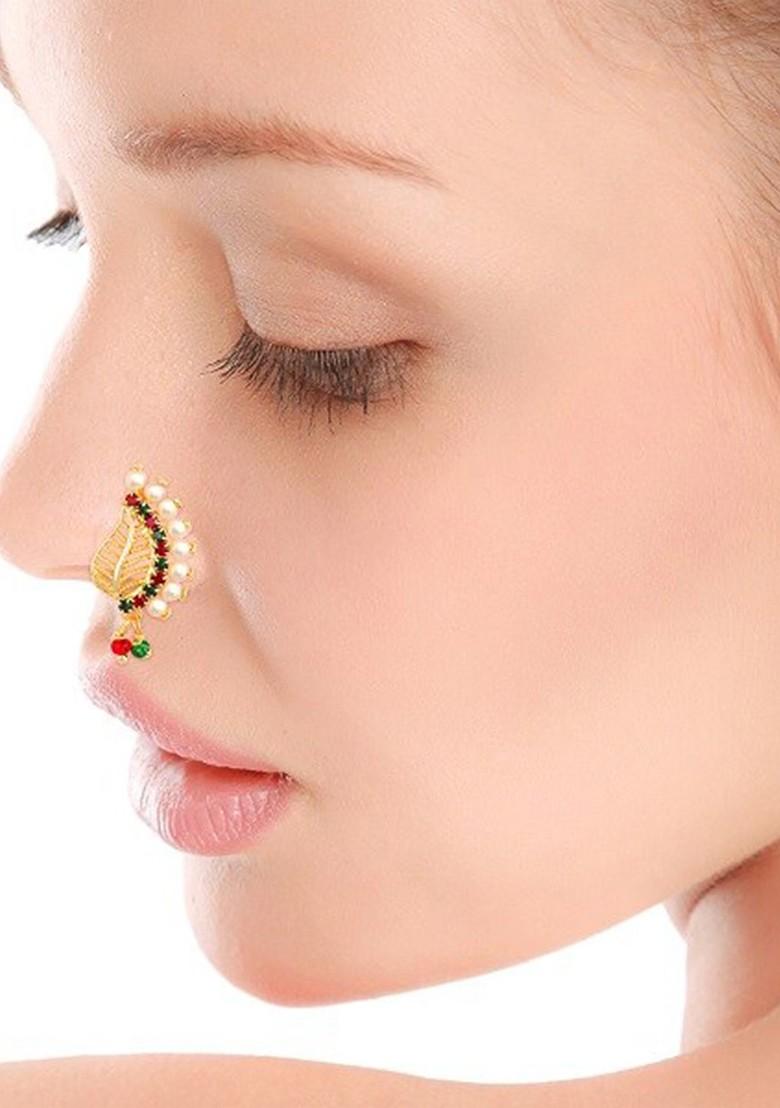 Set Of 2 Gold Plated Stone Studdedand Pearls Beaded Nosepins