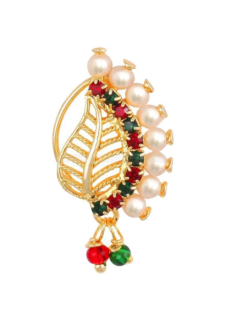 Set Of 2 Gold Plated Stone Studdedand Pearls Beaded Nosepins