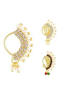 Set Of 3 Gold Plated Ad Studdedand Pearl Beaded Nosepins