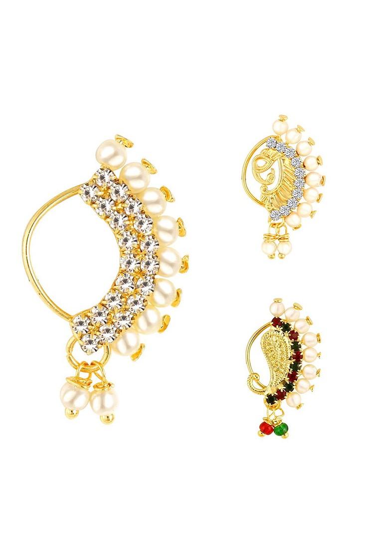 Set Of 3 Gold Plated Ad Studdedand Pearl Beaded Nosepins