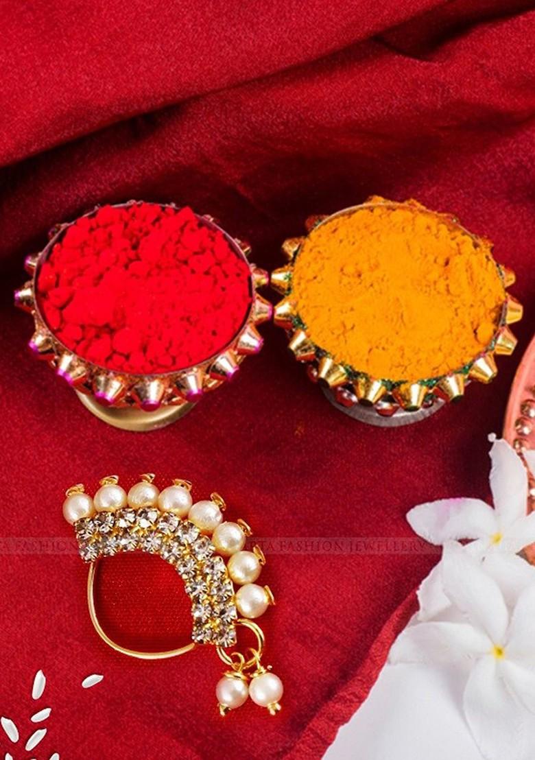 Set Of 2 Gold Plated Stone Studded Pearl Nosepins